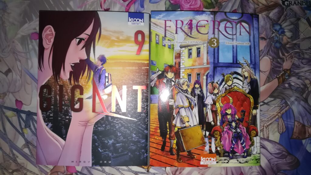 De gauche à droite et le tout en français, le tome 9 du manga Gigant et le tome 3 du manga Frieren.